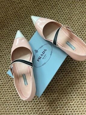 Prada Pink Leather Pointed-Toe Flats with White Cap and Black Strap